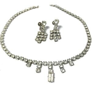 Vtg Necklace & Earrings Rhinestone  Screw On Dangle Wedding Formal Evening Party